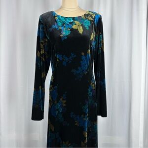 Vtg ✨GORGEOUS ✨David Warren NY Velvet Floral Maxi Dress Size 14 Long Sleeve SOFT